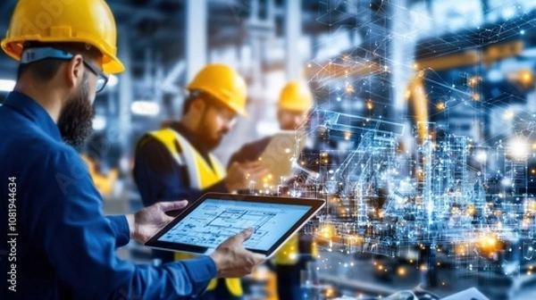 Obraz Construction workers using ai cost estimation tools industrial site digital innovation modern environment professional insight