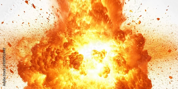 Fototapeta Abstract background with fiery explosions set. Glowing bomb explode throwing with dust clouds and sparks. Destruction burst with fire energy header on white. illustration background