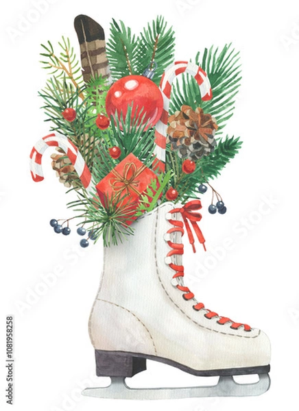 Obraz watercolor hand drawn Winter, christmas, xmas, new year ice skate   