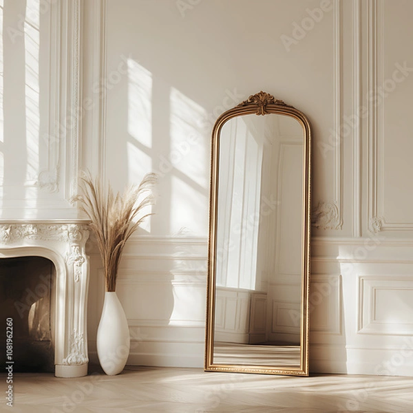 Obraz thin golden framed full length mirror stands elegantly against wall, reflecting soft natural light in stylish interior. decor features minimalist vase with dried plants, enhancing serene atmosphere