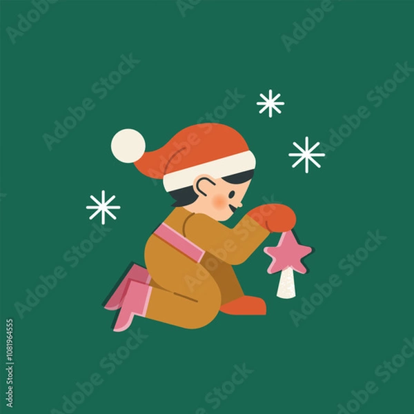 Fototapeta Adorable elf is holding Christmas star for the tree. Children character Santas helper in red hat on green background with snowflakes. Vintage vector illustration style.