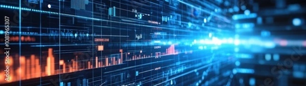 Obraz Abstract digital background with glowing lines and particles representing data flow, technology, and communication.