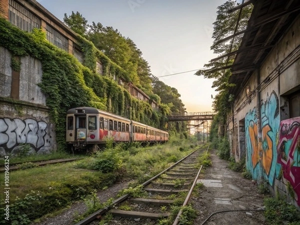 Fototapeta Urban Exploration: Captivating Auto Rail Adventures in Abandoned Cityscapes with Overgrown Nature and Rusting Infrastructure, Perfect for Urban Decay Photography Enthusiasts