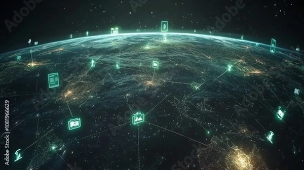 Fototapeta Global Connectivity Through Digital Technology: A Futuristic View of Earth with Iconic Imagery Representing Networks, Communication, and Information Flow in the Modern Age