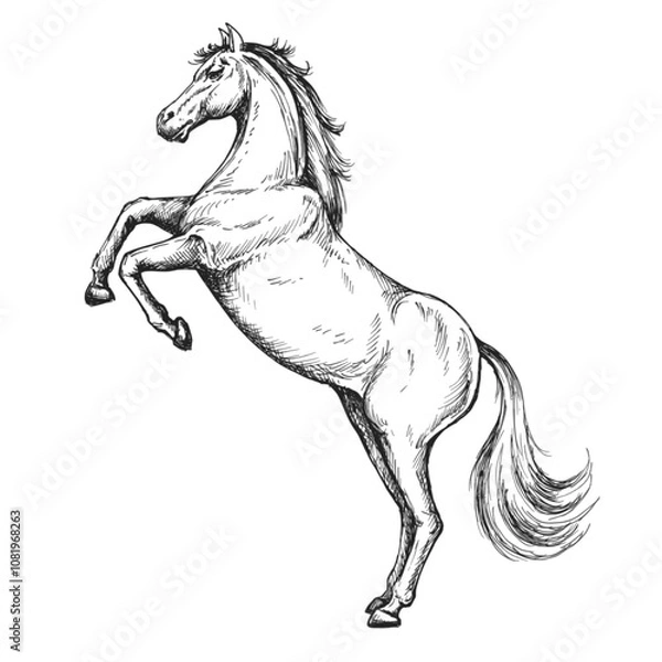 Obraz Horse standing sketch isolated on white background. Vintage animal vector illustration.	