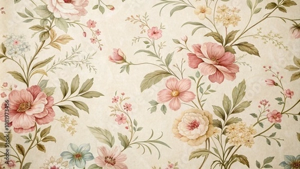 Fototapeta Vintage wallpaper with whimsical floral patterns background with empty space