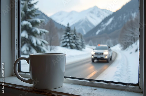 Fototapeta White cup on of hot drink.  blurred window background. Winter and magic time. Empty place for your products. Hot drink of coffee or tea.Mockup background for your decoratin