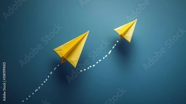 Fototapeta A paper airplane flies through the air, leaving behind two lines of dotted trails on a blue background.