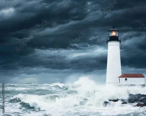 Fototapeta Stormy waves crash against lighthouse coastal landscape dramatic seascape moody environment captivating viewpoint