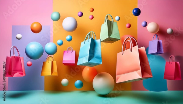 Fototapeta Colorful shopping bags floating in an artistic display modern abstract background graphic design vibrant environment eye-level view creative concept for marketing impact