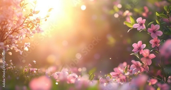 Fototapeta Gentle Sunlight Illuminates a Vibrant Floral Meadow with Soft Pink Blossoms, Creating a Serene and Tranquil Atmosphere for Nature Lovers