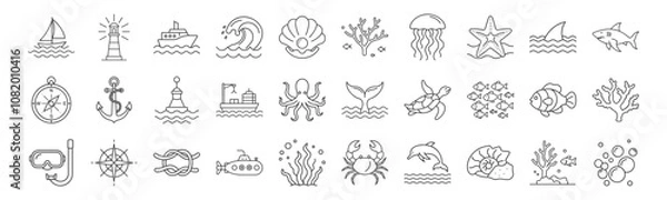 Obraz Marine Life, Nautical Elements line icon set. Vector pictograms of sea creatures, sailing, underwater exploration, sailboat, lighthouse, ship, anchor, compass, coral reef thin linear illustration.