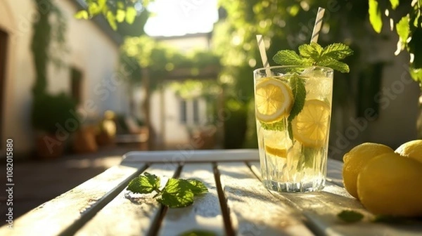 Obraz A refreshing glass of lemonade on a sunny patio table, garnished with lemon slices and mint leaves.