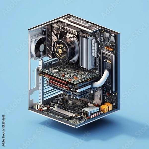 Fototapeta A cutaway view of a computer's internal components, showing the motherboard, graphics card, CPU cooler, and RAM.