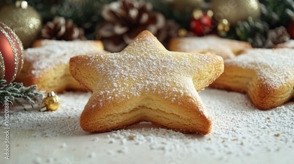 Fototapeta A close-up view of a star-shaped cookie on a table, perfect for use in food and dessert-themed images or as a decorative element