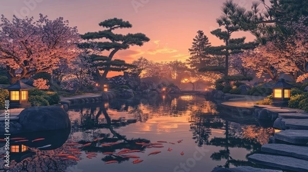Obraz Stone lanterns and koi pond in a cherry blossom garden at golden sunset