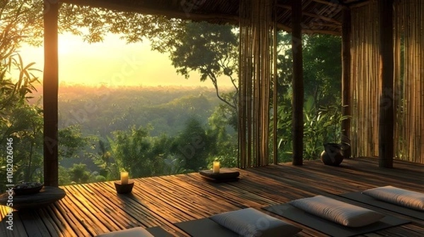 Fototapeta Treehouse Yoga Pavilion with Bamboo Walls and Jungle View