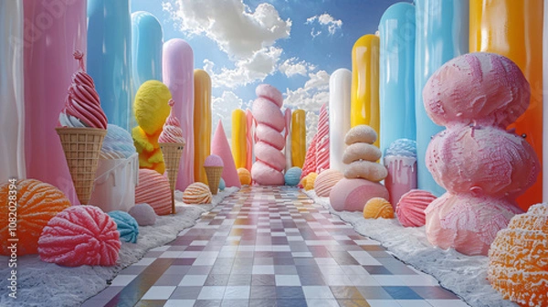 Fototapeta Whimsical ice cream wonderland fantasy land digital artwork sweet environment eye-level view creative concept for visual delight