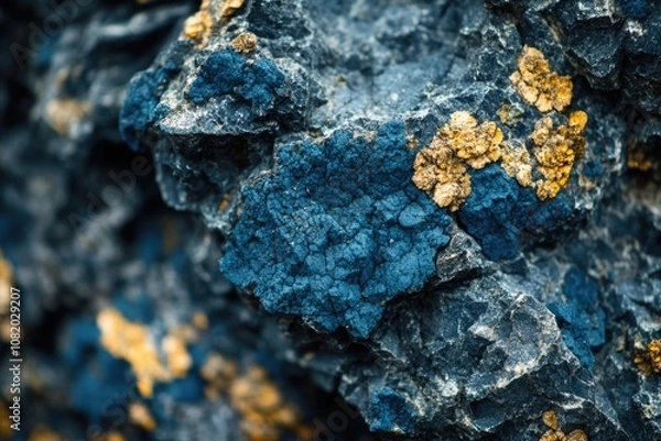 Fototapeta Close-up photo of a rock with a yellow substance, possibly mineral or ore