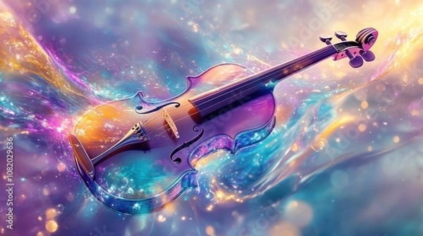 Fototapeta Colorful waves surround a violin on a soft artistic background
