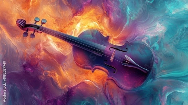 Fototapeta Glowing shapes surround a violin on a soft dynamic background