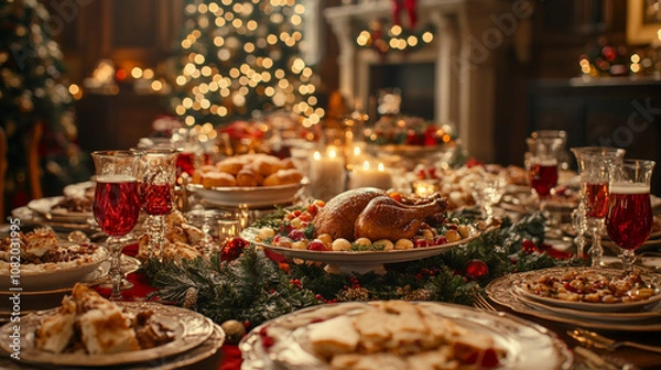 Fototapeta Charming Christmas Illustrations with Featuring A Festive Holiday Dinner Table With A Delicious Feast And Fine China