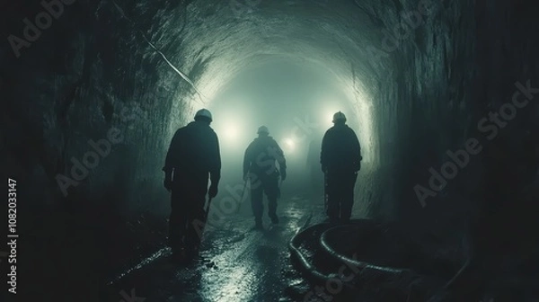 Obraz Miners in hard hats and gear descending into a dark underground mine with headlamps.