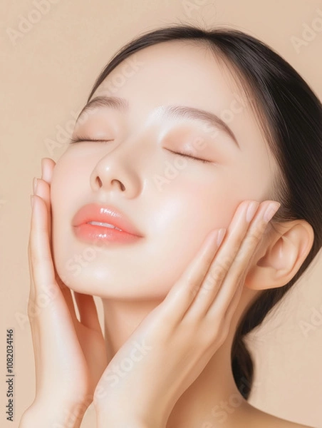 Fototapeta A young woman enjoys a skincare routine while gently massaging her face in a serene setting, highlighting her natural beauty