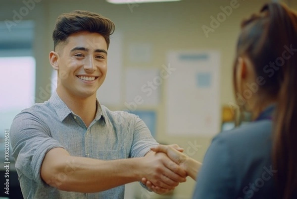Fototapeta A professional handshake between two people in an office setting