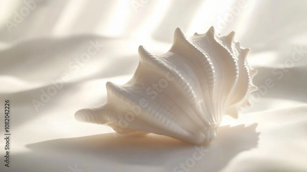Fototapeta A white seashell lies on a white background with light shining through the fabric.