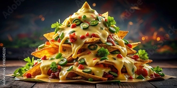 Fototapeta Tower of Crispy Nachos Topped with Dripping Cheese, Fresh Peppers, and Herbs for an Enticing Culinary Experience in Food Photography