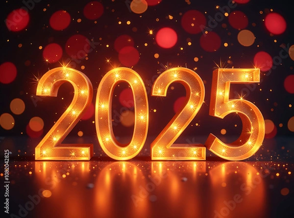 Fototapeta New Year's lights gold and dark red colors bokeh background with glowing number 2025 and fireworks. Happy New Year concept for 2025.
