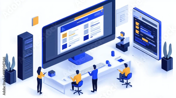 Obraz A group of professionals engages in a collaborative digital project at their office, utilizing large displays and workstations during daylight hours