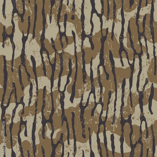Fototapeta The oak bark seamless camouflage pattern combines the natural grunge rugged texture of oak tree bark with the practical design of a camouflage print.