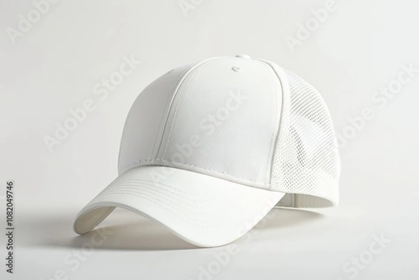 Fototapeta White mesh baseball cap isolated on a light grey background, showing a simple and clean design for casual or sporty wear.