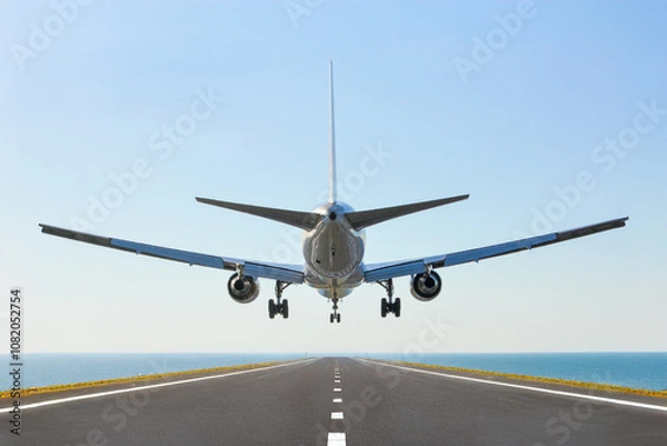 Obraz 海の上の滑走路、青空にフライトする飛行機