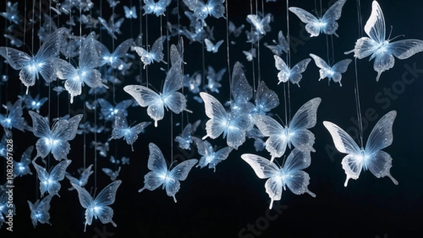 Obraz Crystal butterflies glow with icy blue light, creating an elegant and magical atmosphere against a dark background.