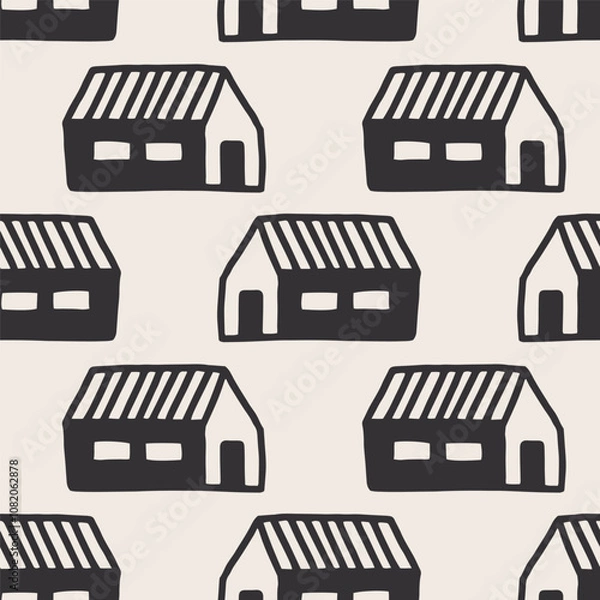 Fototapeta Vector seamless pattern with little houses on white background. Modern design for fabric and paper, surface textures. 