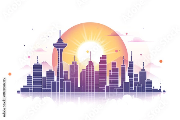 Fototapeta Minimalistic line art of a city skyline at dusk, with just a few lines suggesting the outline of buildings.