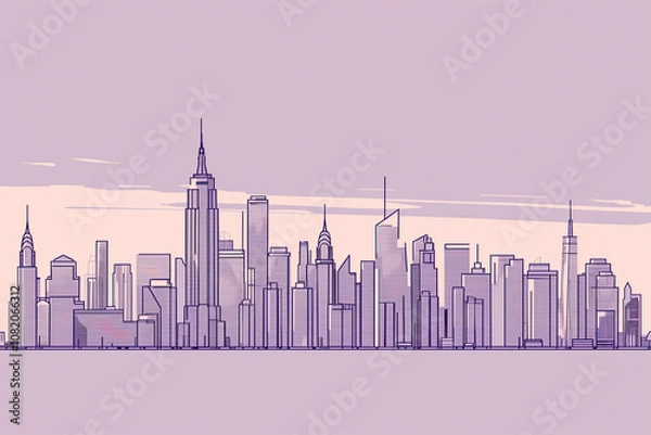 Fototapeta Minimalistic line art of a city skyline at dusk, with just a few lines suggesting the outline of buildings.