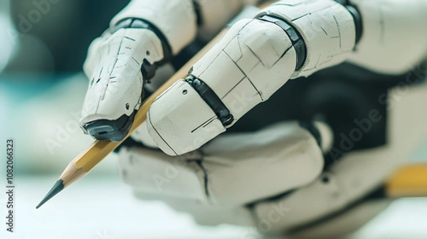 Fototapeta Close-up of a prosthetic hand using a pencil to write showing precision and control.