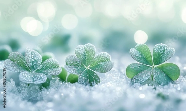 Fototapeta Three green clovers are on top of a snowy ground