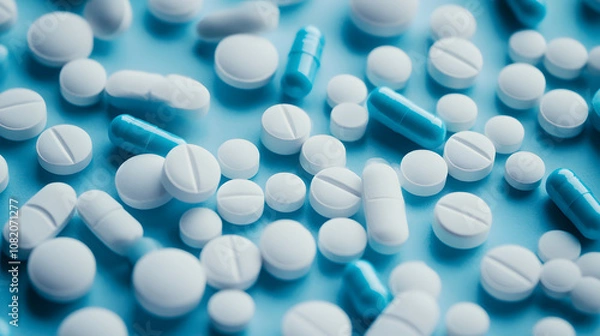 Fototapeta Detailed shot of different shapes and sizes of white and blue medical pills scattered on a surface.