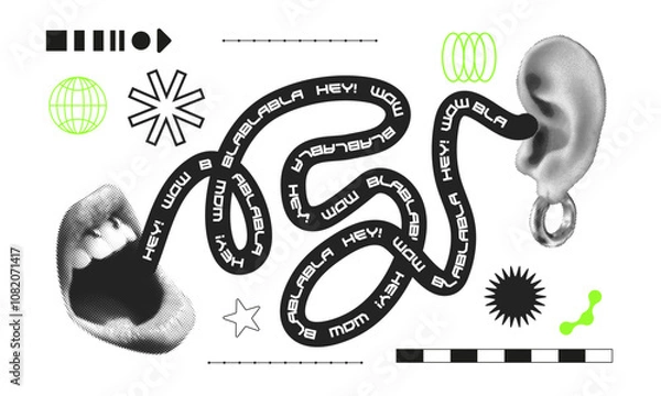 Obraz Contemporary art collage with female open mouth. Female halftone lips with tongue and piercing.Trendy vector pieces. Creative collage in Y2K style for social media, card, print on clothes. 