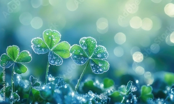Fototapeta Three green clovers with water droplets on them