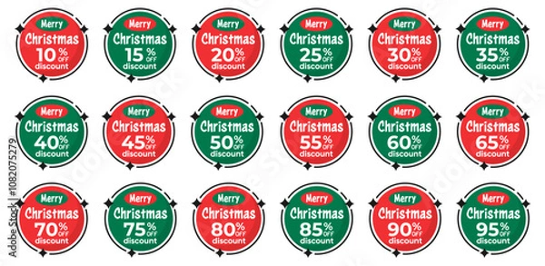 Fototapeta Christmas sale badges with percentage discount. Price tag holiday. Christmas red and green stickers