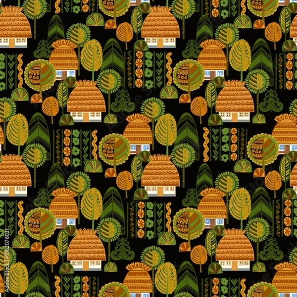 Obraz Ukrainian village. Folk art style.rtwork