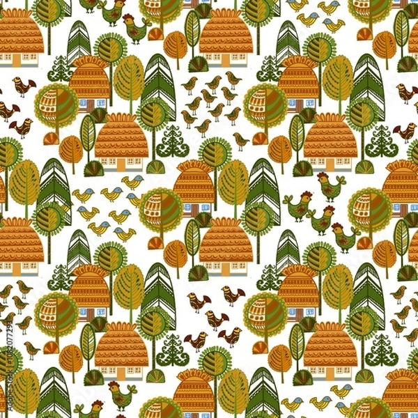 Fototapeta Ukrainian village. Folk art style.rtwork