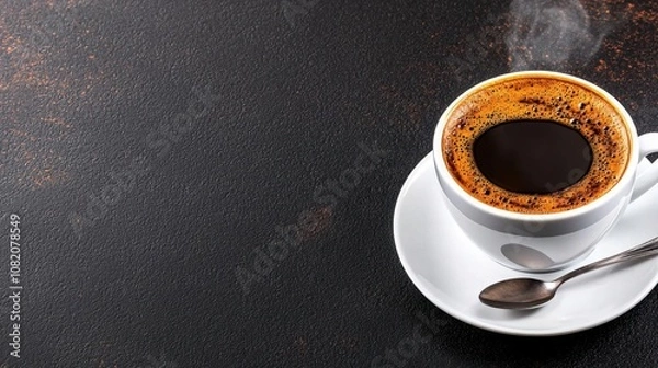 Fototapeta A photostock of a steaming cup of coffee on a saucer with a spoon on isolated on transparent PNG background, High Quality.