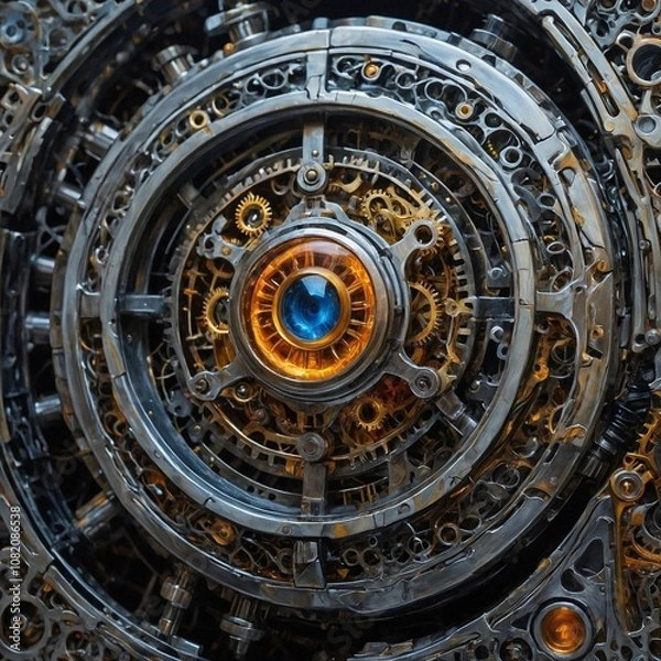 Obraz A shimmering silver steampunk plasma planet, every detail shimmers and hums with technological wonder: intricate gears and coils shimmer against a backdrop of swirling plasma energy.